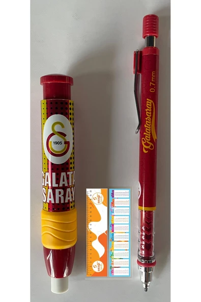 Galatasaray Lisanslı Mekanik Roket Silgi ve Metal Clip Versatil Kalem 0.7 mm (Kırmızı) İle Sezgistore Kitap Ayra