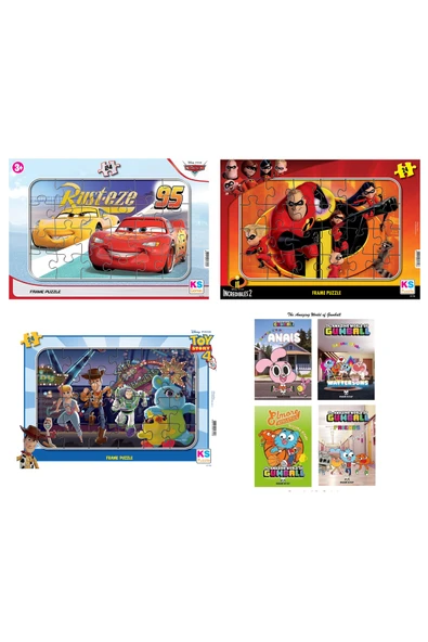 Ks Puzzle Toy Story Frame - Cars Frame - Incredibles Frame Puzzle 24'Lü ve Gumball Boyama Kitabı 4 Adet 16 Syf