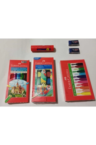 Faber Castell 12 Li Kuruboya-12li Pastel Boya-2 Adet Faber Silgi-12 Li Suluboya-ve Faber Yapıştırıcı ürün görseli 1