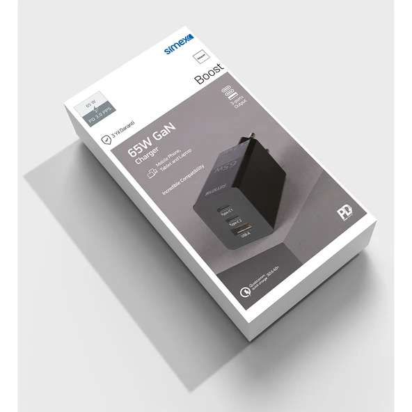 Simex Universal GAN Şarj PD/QC 3.0 65W Şarj Cihazı Çift Type-C ve Tek USB Çıkışlı SPS-06 Boost - 2