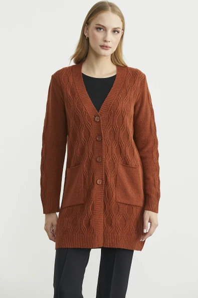 Cepli Uzun Yünlü Triko Hırka - Kiremit ürün görseli