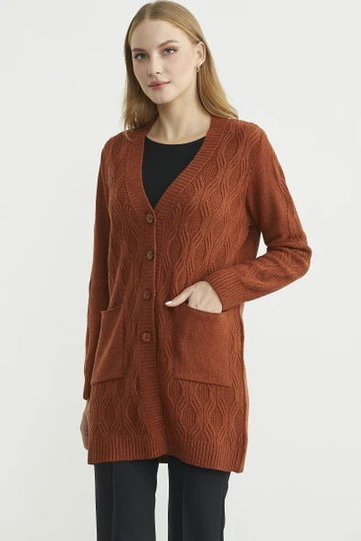 Cepli Uzun Yünlü Triko Hırka - Kiremit - Resim 2