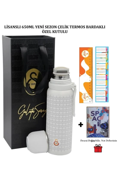 Galatasaray Lisanslı 650ML Yeni Sezon Çelik Termos Bardaklı Özel Kutusunda ve Not Defterimiz Hediye+Sezgistore C