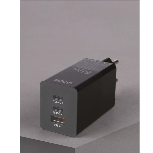 Simex Universal GAN Şarj PD/QC 3.0 65W Şarj Cihazı Çift Type-C ve Tek USB Çıkışlı SPS-06 Boost