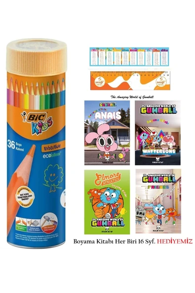 Bic Kids Evolution Kuru Boya Kalemi 36'lı Metal Tüp / BİC.968491 ve Gumball 4 Adet 16 Syf Boyama Kitabı
