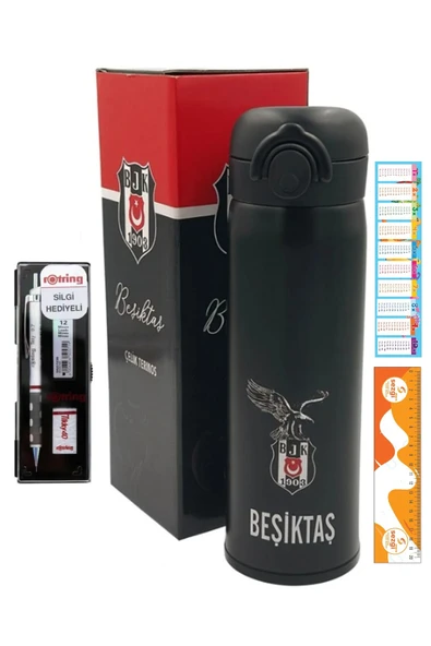 Beşiktaş Lisanslı Çelik Termos Kilitli Kapak 500 ML ve Tikky 0,7mm 3'lü Okul Seti - Beyaz