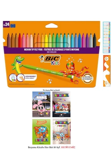 Bic Kıds Colour Keçeli Boya Kalemi Kutu 24 lü ve The Gumball Lisanslı Boyama Kitabı 4 Adet 16 Syf'lık ürün görseli 1