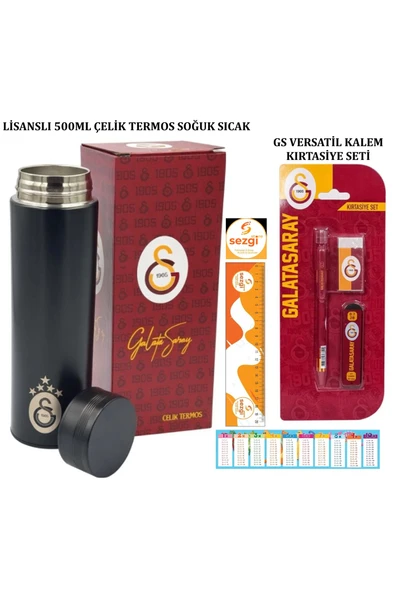 Galatasaray Lisanslı 500 Ml Çelik Termos Soğuk-Sıcak Özel Kutulu ve Gs Versatil Kalem 3'Lü Kırtasiye Seti+Sezgis
