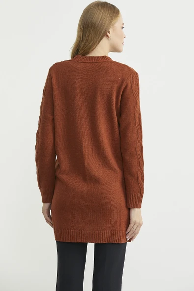 Cepli Uzun Yünlü Triko Hırka - Kiremit - Resim 5