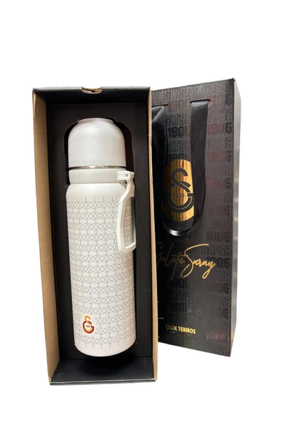 Galatasaray Çelik Termos 650 ML Beyaz Renk Bardaklı Lisanslı Orijinal Ürün Kutulu GS - 3