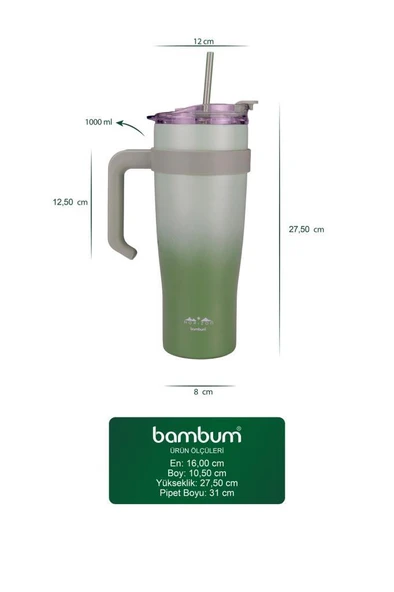 Bambum Horizon - Pipetli Termos Bardak Yeşil 1000ml - 5