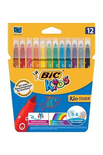 Bic Unisex Çocuk Sarı Kid Couleur Keçeli Boya Kalemi 12`li Kutu Ultra Yıkanabilir