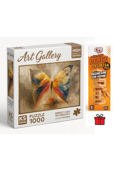 Ks Games Kelebek Etkisi (Ali Eminoğlu) 68x48 cm 'lik 1000 Puzzle ve CPRToys Doğal Ahşap Denge Oyunu 54 Parça
