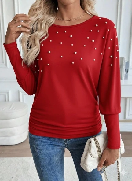 MDB Kadın Uzun Kollu Yuvarlak Yaka Incili Viskon Bluz ürün görseli 1