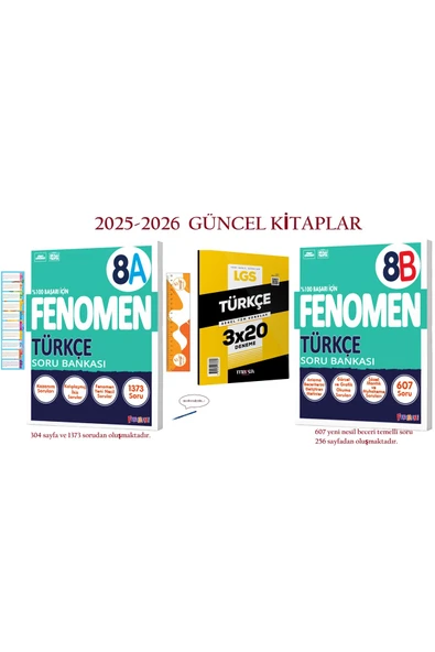 Fenomen Yayıncılık 8. Sınıf 8 Türkçe A ve Türkçe B Soru Bankası 2025-2026 İle Marka 3x20 Türkçe Branş Denemesi+Kalem ürün görseli 1