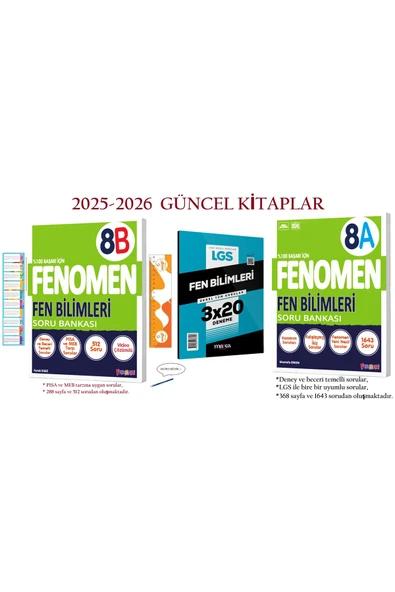 Fenomen Yayıncılık 8. Sınıf 8 Fen Bilimleri A ve B Soru Bankası 2025-2026 ve 3x20 Fen Bilimleri Genel Deneme+Kalem ürün görseli 1