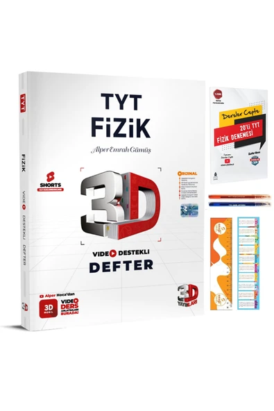 3D Yayınları TYT 3D Fizik Video Destekli Defter + Dersler Cepte 20'Li TYT Fizik Denemesi+2 Tükenmez Kalem+Ayraç