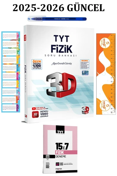 3D Yayınları TYT 3D Fizik Soru Bankası ve TYT Fizik 15 Deneme+Tükenmez Kalem+Sezgistore Ayraç Cetvel ürün görseli 1