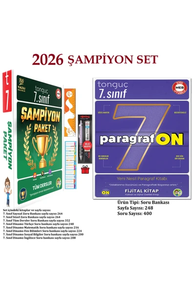 Tonguç Yayınları 7. Sınıf Şampiyon Paketi (8 Kitap) Seti ve ParagrafON Soru Bankası YENİ 2026+Hediye Versatil Kalem ürün görseli 1
