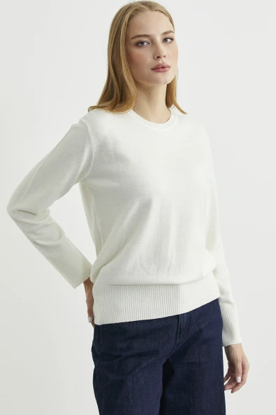 Bisiklet Yaka Yünlü Basic Triko Kazak - Kemik - Resim 3