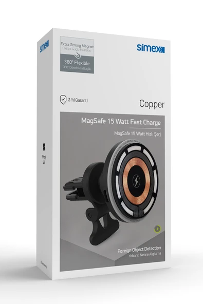 15W Hızlı Manyetik Araç içi Metal Magsafe Kablosuz Şarj Standı ve Telefon Tutucu Simex Copper - 4