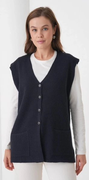 Kadın Anne Büyük Beden Fitilli Yün Triko Yelek - 7