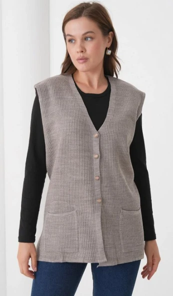 Kadın Anne Büyük Beden Fitilli Yün Triko Yelek