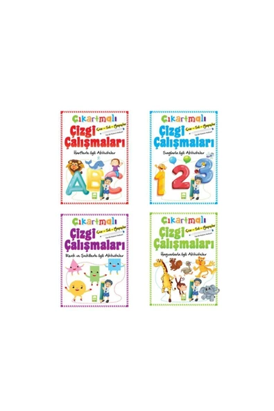 Ema Çocuk Okul Öncesi Çıkartmalı Çizgi Çalışmaları 4lü Set Harf Sayı Hayvan Renk Kalem