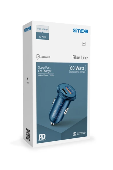 Simex Blue Line SM-30 60W Süper Hızlı Araç Şarj Cihazı PD 3.0 QC 4.0 Çift Port Mavi - 3