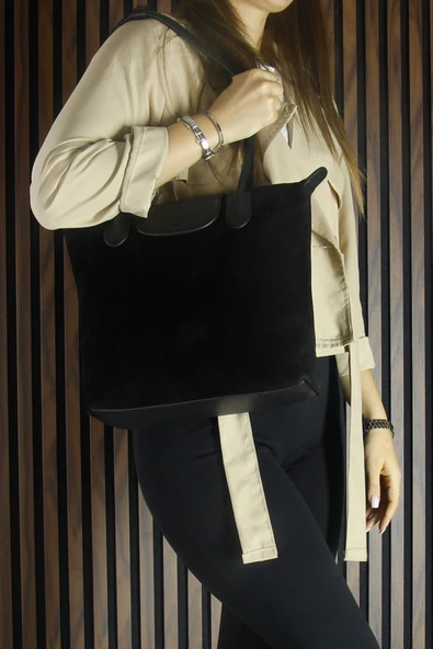 Erkan Saçmacı Siyah Hakiki Dana Süet Fermuarlı Manyetik Kapaklı Büyük Boy Günlük Omuz Çantası - Resim 4