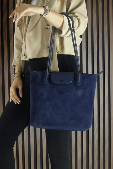 Erkan Saçmacı Lacivert Hakiki Dana Süet Fermuarlı Manyetik Kapaklı Büyük Boy Günlük Omuz Çantası ürün görseli