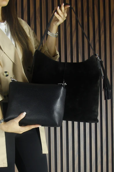 Erkan Saçmacı Siyah Hakiki Dana Süet Püsküllü Manyetik Kapaklı Büyük Boy Günlük Omuz Çantası ve El Çantası ürün görseli