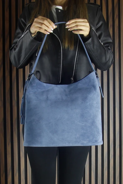 Erkan Saçmacı Mavi Hakiki Dana Süet Püsküllü Manyetik Kapaklı Büyük Boy Günlük Omuz Çantası ve El Çantası - 5