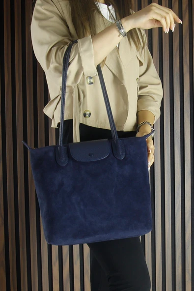 Erkan Saçmacı Lacivert Hakiki Dana Süet Fermuarlı Manyetik Kapaklı Büyük Boy Günlük Omuz Çantası - Resim 4