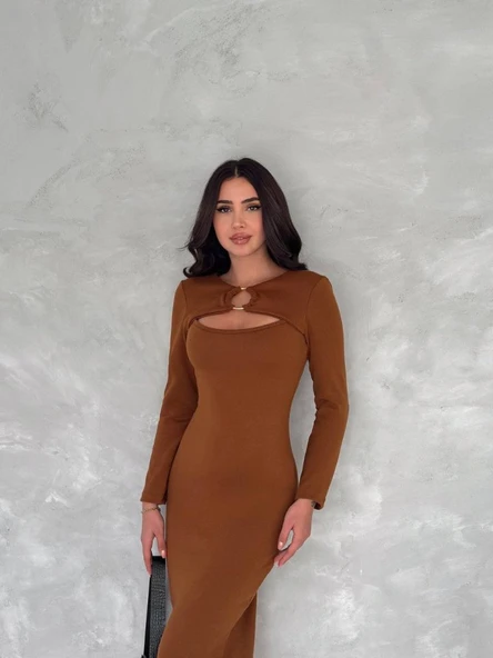 Kadın Uzun Kollu Halka Ve Pencere Dekolte Detay Fırsat ürün Midi Boy Elbise - Resim 4