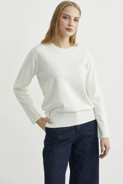 Bisiklet Yaka Yünlü Basic Triko Kazak - Kemik - Resim 5