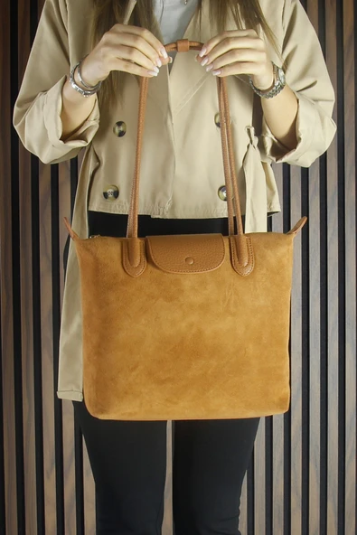 Erkan Saçmacı Taba Hakiki Dana Süet Fermuarlı Manyetik Kapaklı Büyük Boy Günlük Omuz Çantası - Resim 5