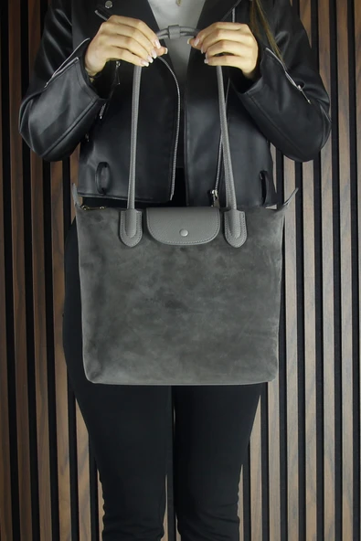 Erkan Saçmacı Gri Hakiki Dana Süet Fermuarlı Manyetik Kapaklı Büyük Boy Günlük Omuz Çantası - 5