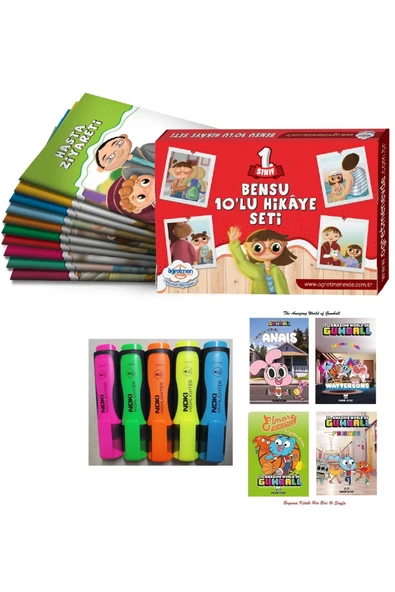 öğretmen evde 1. Sınıf Bensu 10 lu Hik ye Kitabı Seti ve Noki Fosforlu Kalem 5 Renk + Gumball 4 Adet Boyama Kitabı ürün görseli 1