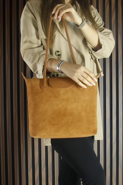 Erkan Saçmacı Taba Hakiki Dana Süet Fermuarlı Manyetik Kapaklı Büyük Boy Günlük Omuz Çantası - Resim 6