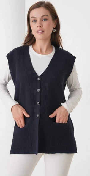 Kadın Anne Büyük Beden Fitilli Yün Triko Yelek - 9