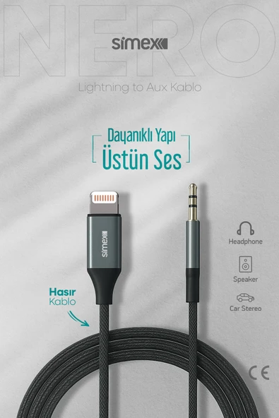 Simex Iphone Lightning To 3.5mm Kumaş Aux Ses Kablosu Stereo Destekli 1.1m Nero