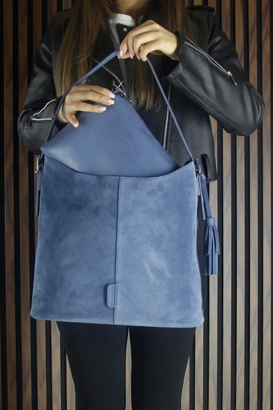 Erkan Saçmacı Mavi Hakiki Dana Süet Püsküllü Manyetik Kapaklı Büyük Boy Günlük Omuz Çantası ve El Çantası - 4