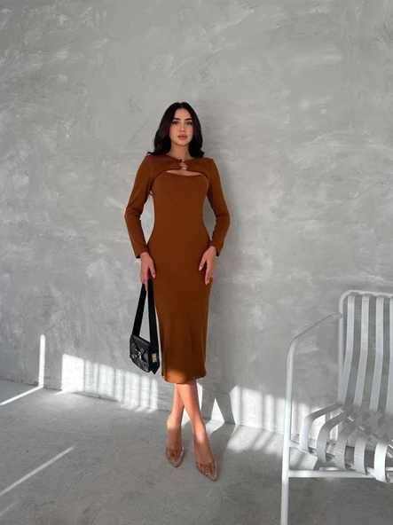 Kadın Uzun Kollu Halka Ve Pencere Dekolte Detay Fırsat ürün Midi Boy Elbise - Resim 3