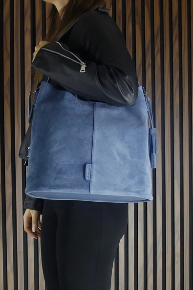 Erkan Saçmacı Mavi Hakiki Dana Süet Püsküllü Manyetik Kapaklı Büyük Boy Günlük Omuz Çantası ve El Çantası - 3