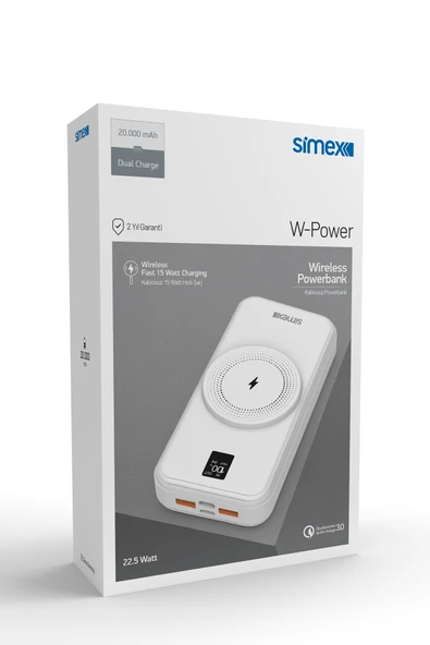 Simex Powerbank 20000mAh Dahili Kablolu 22,5W 15W Magnetic Wireless S-33 W-Power Beyaz - 5