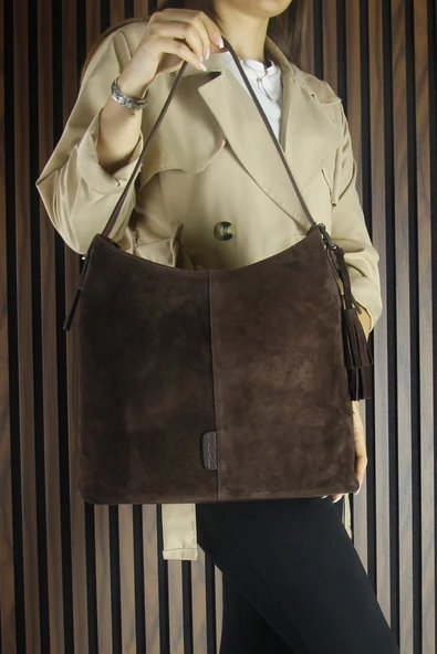 Erkan Saçmacı Kahve Hakiki Dana Süet Püsküllü Manyetik Kapaklı Büyük Boy Günlük Omuz Çantası ve El Çantası - 6