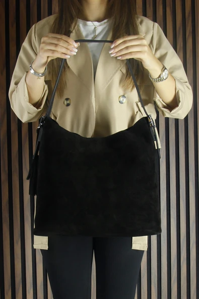 Erkan Saçmacı Siyah Hakiki Dana Süet Püsküllü Manyetik Kapaklı Büyük Boy Günlük Omuz Çantası ve El Çantası - Resim 5