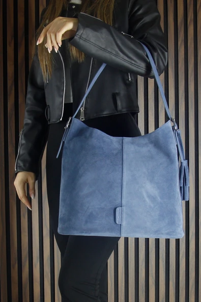 Erkan Saçmacı Mavi Hakiki Dana Süet Püsküllü Manyetik Kapaklı Büyük Boy Günlük Omuz Çantası ve El Çantası - 2