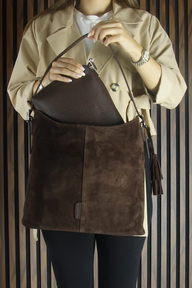 Erkan Saçmacı Kahve Hakiki Dana Süet Püsküllü Manyetik Kapaklı Büyük Boy Günlük Omuz Çantası ve El Çantası - 4